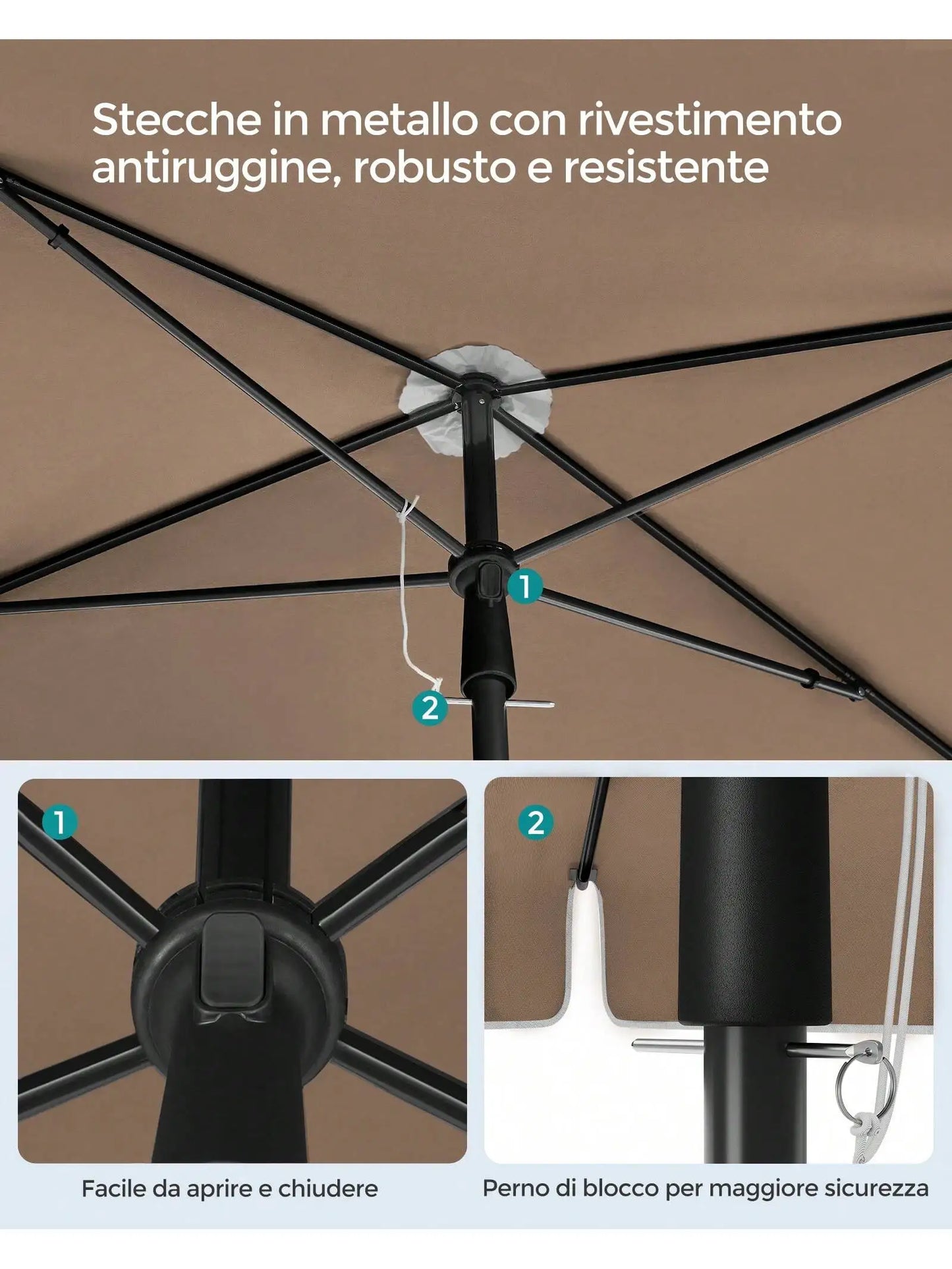 SONGMICS Ombrellone da Giardino 200 x 125 cm, UPF 50+, Inclinazione Bidirezionale 30°, Altezza Regolabile, per Balcone Giardino, Base Non Inclusa