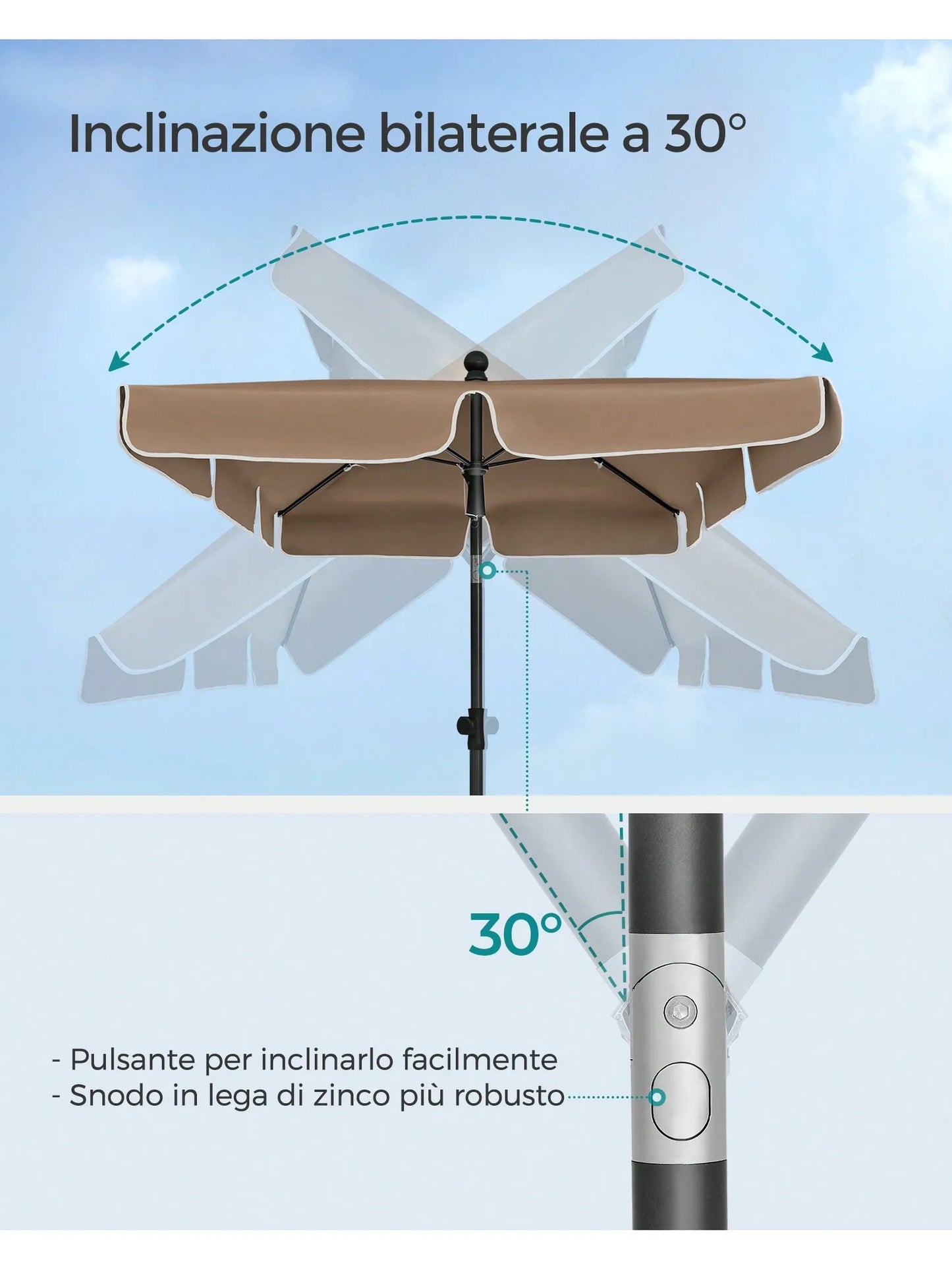 SONGMICS Ombrellone da Giardino 200 x 125 cm, UPF 50+, Inclinazione Bidirezionale 30°, Altezza Regolabile, per Balcone Giardino, Base Non Inclusa