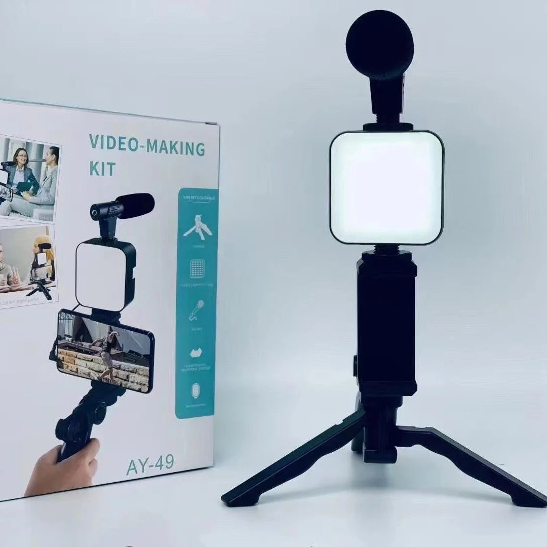 AY49 Kit per Vlogging per Smartphone + treppiede, supporto per telefono, microfono mini, luce LED fill light, ideale per TikTok, live streaming, video e YouTube