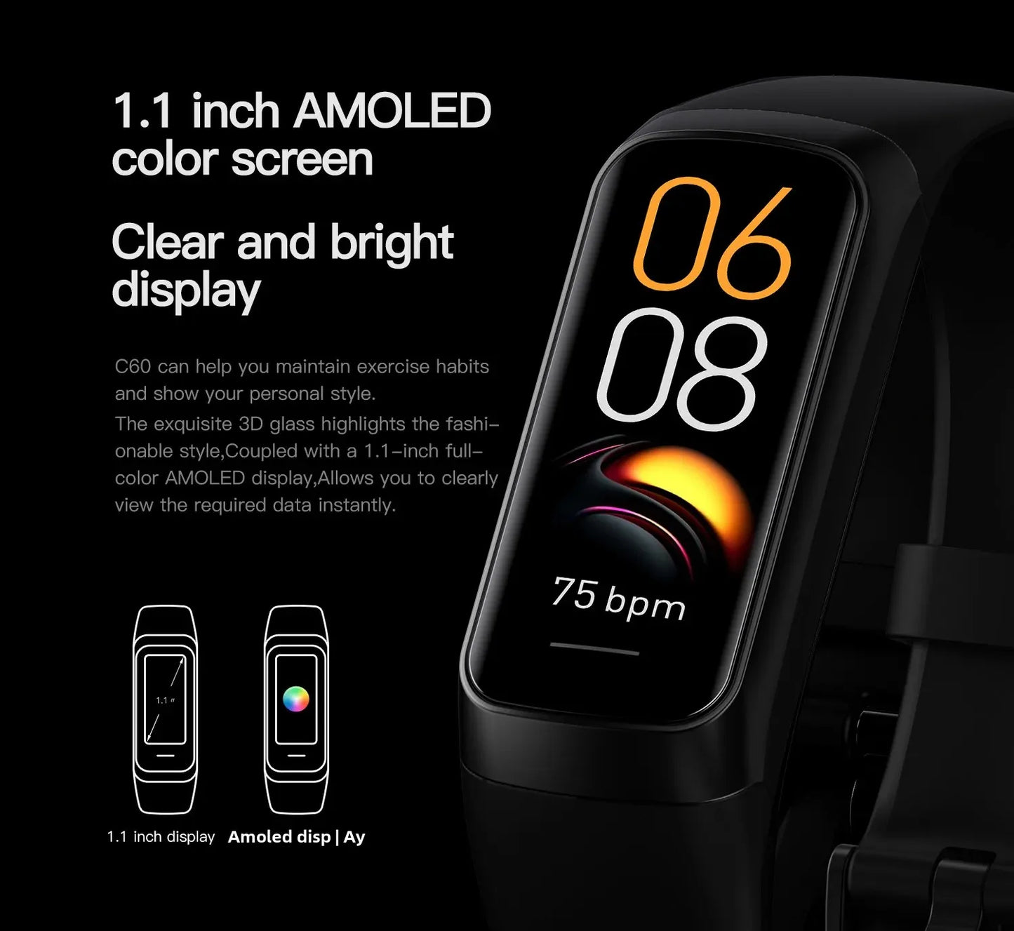 Orologio intelligente da uomo e da donna, braccialetto intelligente da polso da 1,1 pollici AMOLED, frequenza cardiaca, impermeabile, temperatura corporea, fitness tracker