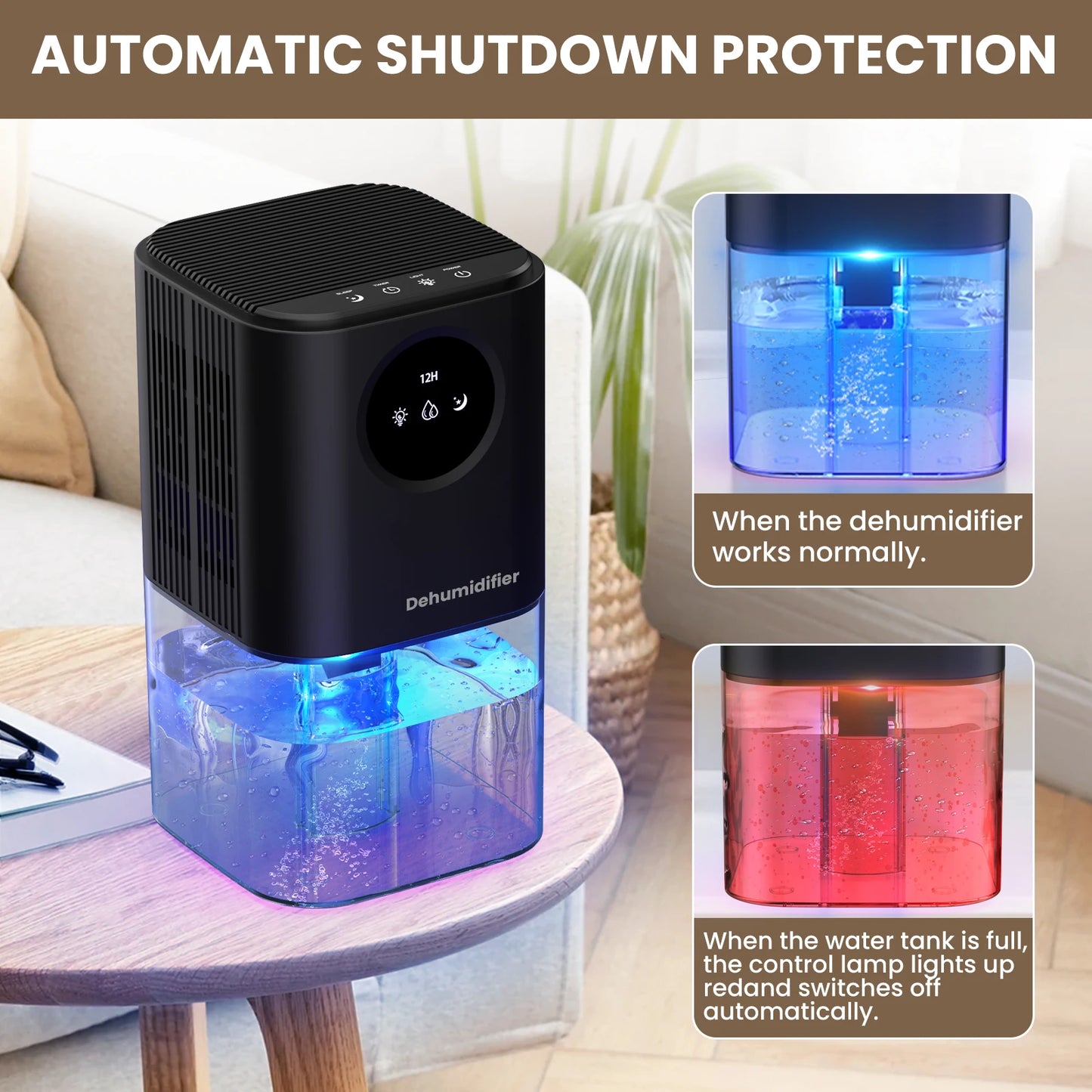 Deumidificatore portatile con capacità di 35 once, funzionamento silenzioso, con luci colorate romantiche, interruttore timer