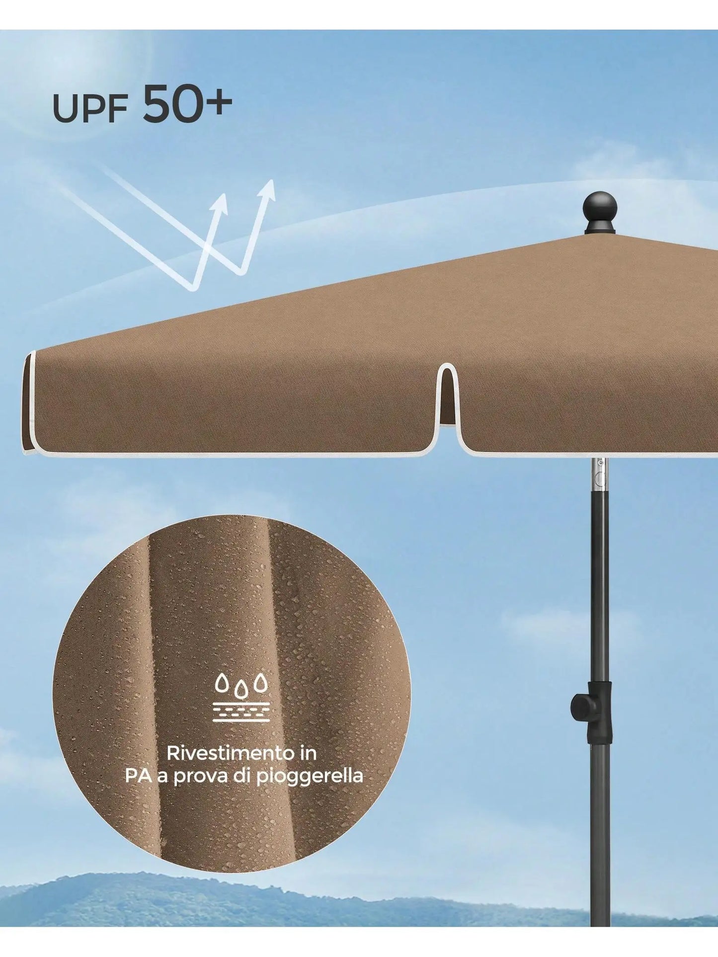 SONGMICS Ombrellone da Giardino 200 x 125 cm, UPF 50+, Inclinazione Bidirezionale 30°, Altezza Regolabile, per Balcone Giardino, Base Non Inclusa