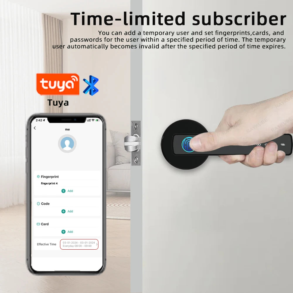 Serratura Elettronica Intelligente con Impronta Digitale, Bluetooth, Password, Chiave e App Tuya/Smartlife per Camere da Letto