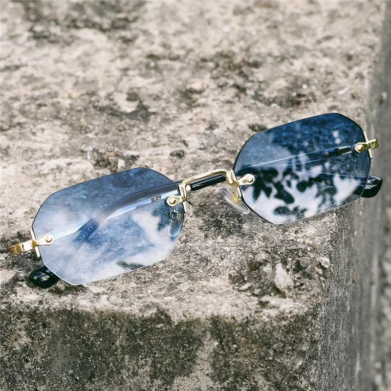 Occhiali da sole vintage senza montatura poligonali da donna e da uomo, di design, popolari, da viaggio, con montatura piccola, da sole