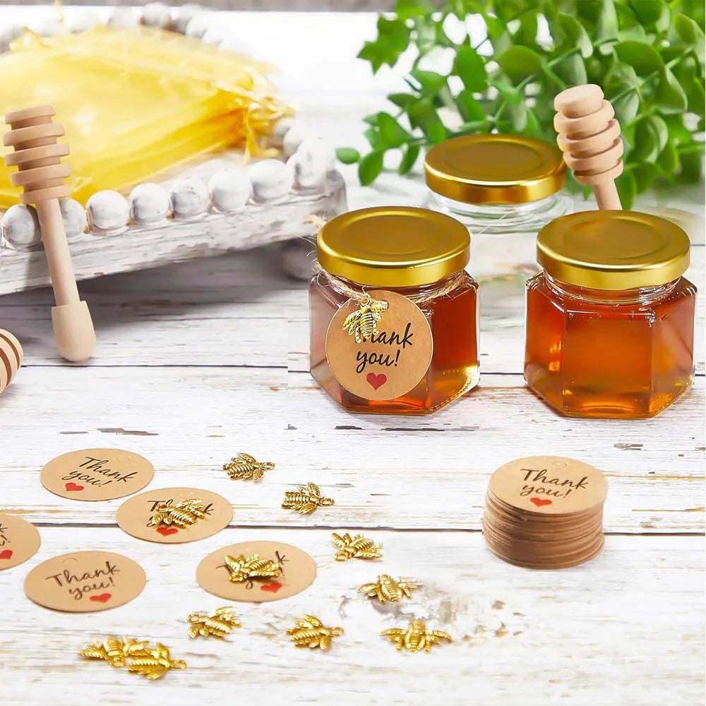 Mini Barattoli di Miele con Miscelatore, Coperchio Oro, Pendenti a Forma di Ape, Sacchetti Regalo e Corda - Ideali per Bomboniere e Feste