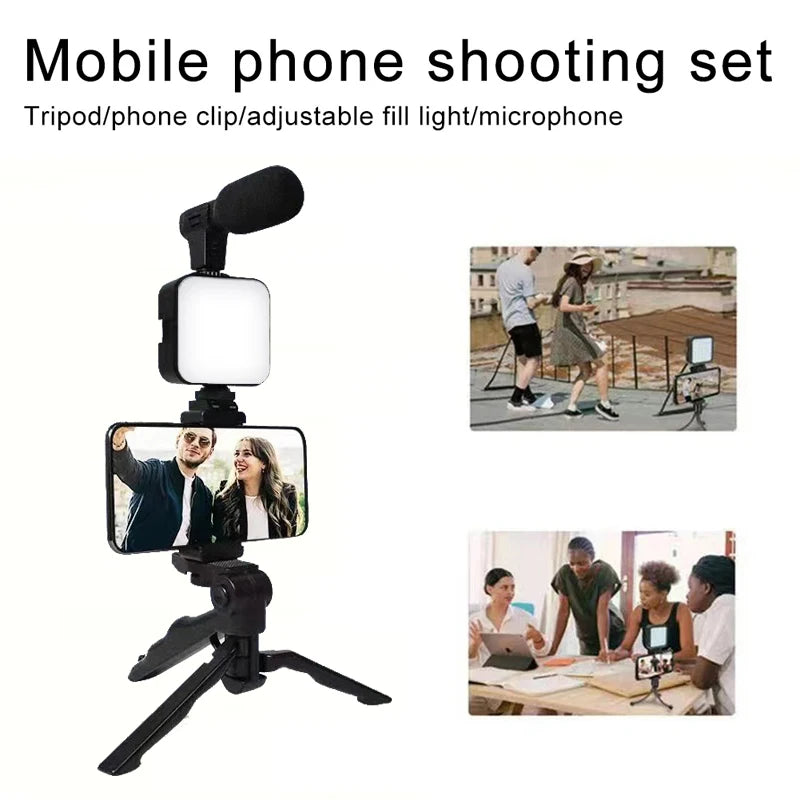AY49 Kit per Vlogging per Smartphone + treppiede, supporto per telefono, microfono mini, luce LED fill light, ideale per TikTok, live streaming, video e YouTube