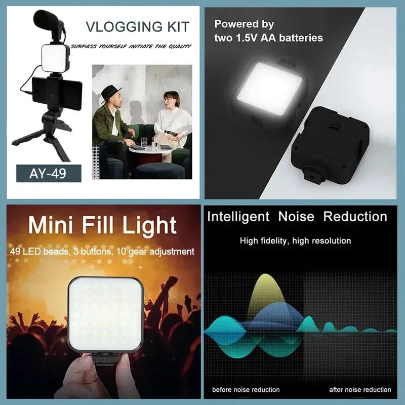 AY49 Kit per Vlogging per Smartphone + treppiede, supporto per telefono, microfono mini, luce LED fill light, ideale per TikTok, live streaming, video e YouTube