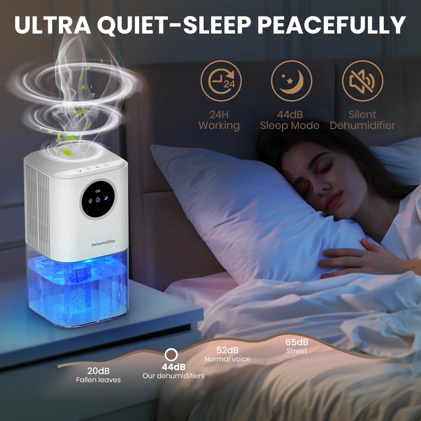 Deumidificatore portatile con capacità di 35 once, funzionamento silenzioso, con luci colorate romantiche, interruttore timer