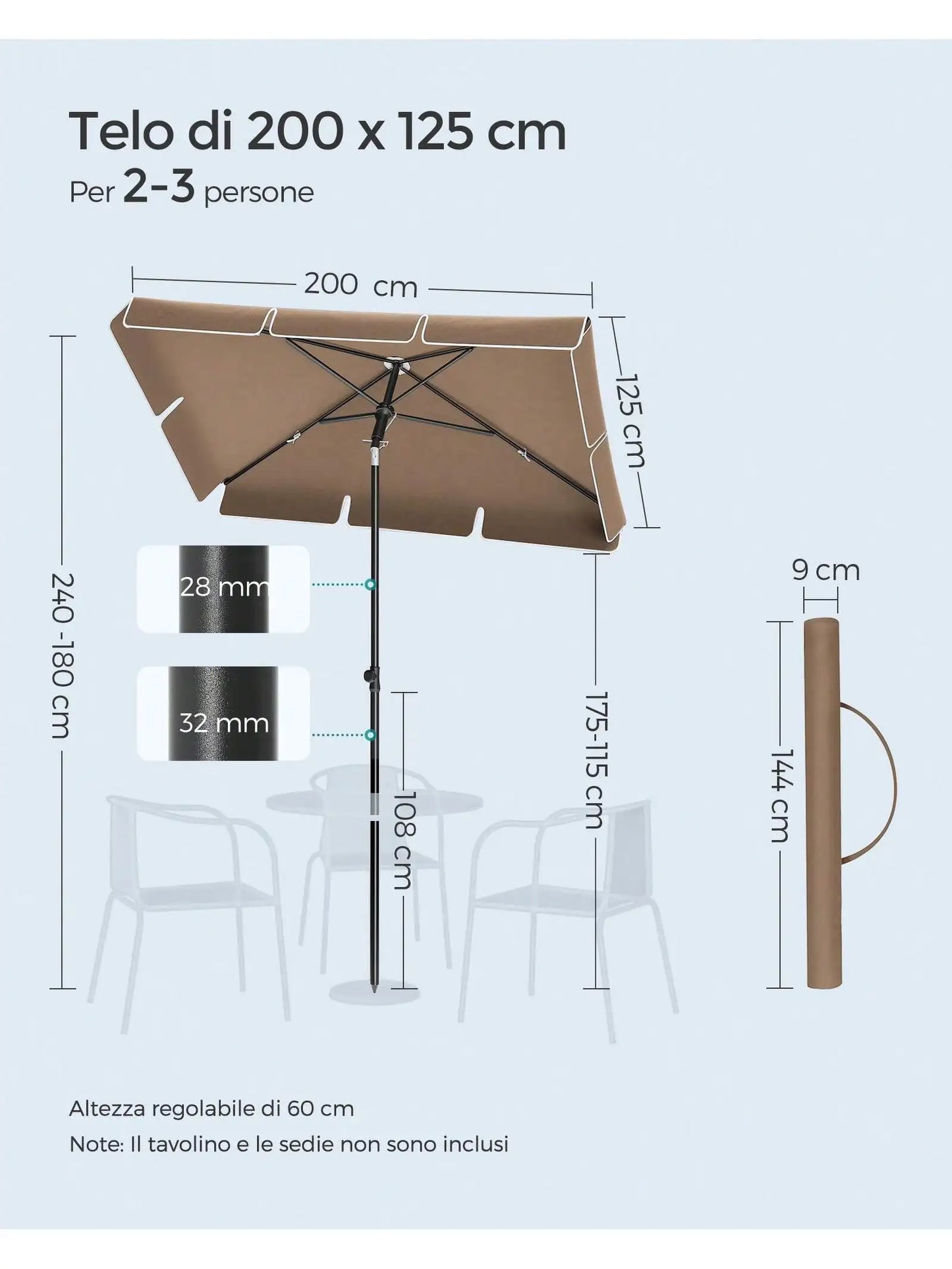 SONGMICS Ombrellone da Giardino 200 x 125 cm, UPF 50+, Inclinazione Bidirezionale 30°, Altezza Regolabile, per Balcone Giardino, Base Non Inclusa
