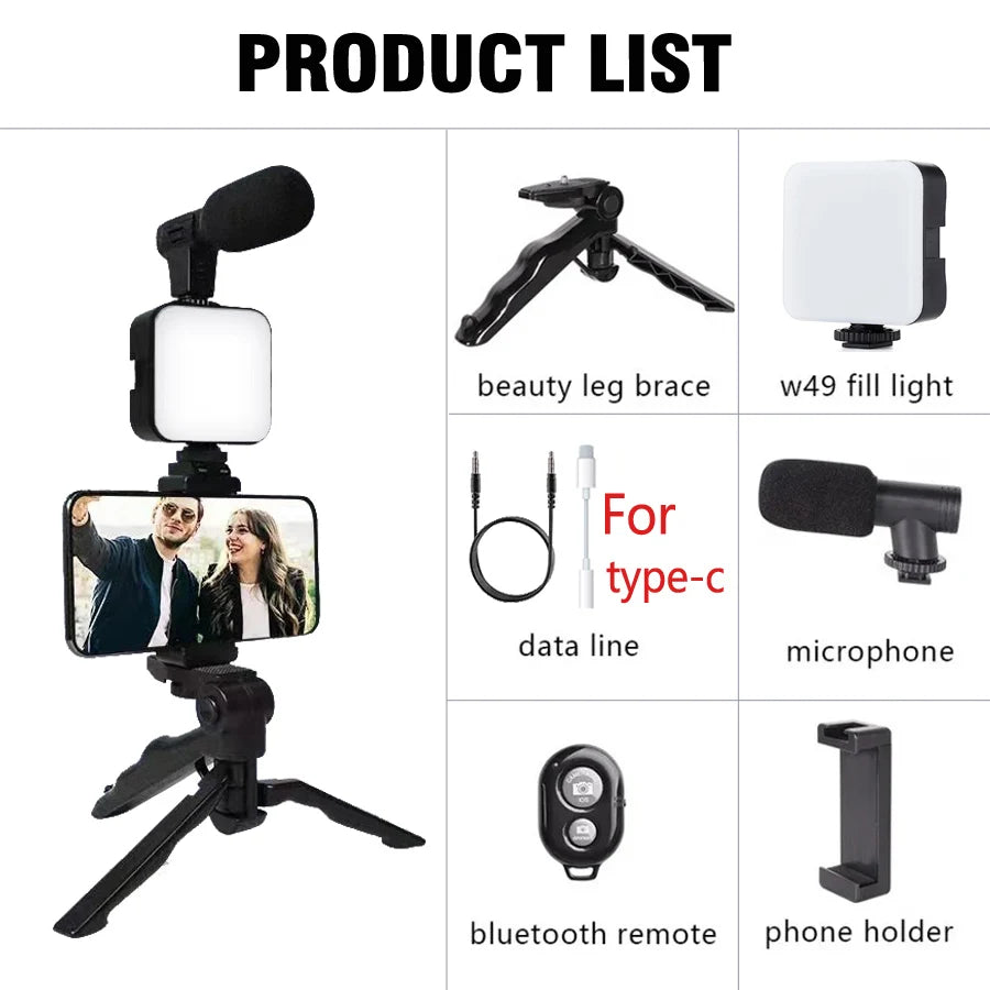 AY49 Kit per Vlogging per Smartphone + treppiede, supporto per telefono, microfono mini, luce LED fill light, ideale per TikTok, live streaming, video e YouTube