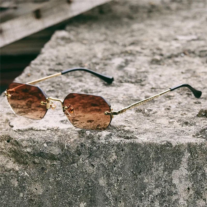 Occhiali da sole vintage senza montatura poligonali da donna e da uomo, di design, popolari, da viaggio, con montatura piccola, da sole