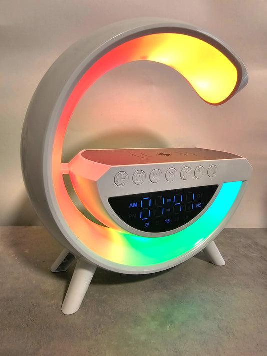Lampada Led Cassa Bluetooth Multifunzione con Ricarica Wireless 15W, Luci LED, Orologio, Sveglia, Radio FM e Rumori Bianchi