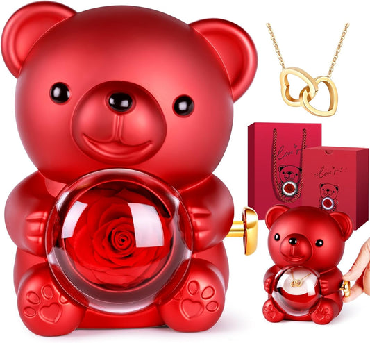 Scatola Regalo Orso Rosa Eterna con Collana – Regalo per Fidanzata, San Valentino, Matrimonio, Natale e Festa della Mamma