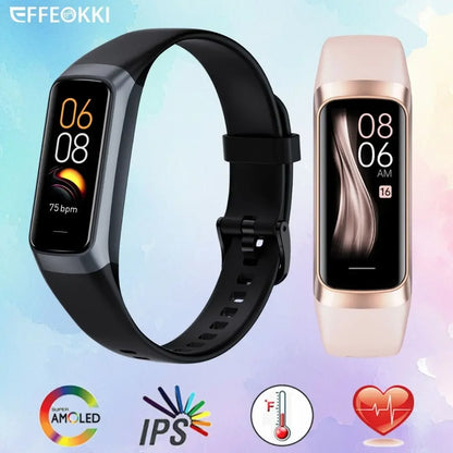 Orologio intelligente da uomo e da donna, braccialetto intelligente da polso da 1,1 pollici AMOLED, frequenza cardiaca, impermeabile, temperatura corporea, fitness tracker