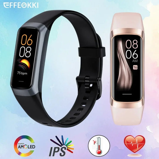 Orologio intelligente da uomo e da donna, braccialetto intelligente da polso da 1,1 pollici AMOLED, frequenza cardiaca, impermeabile, temperatura corporea, fitness tracker