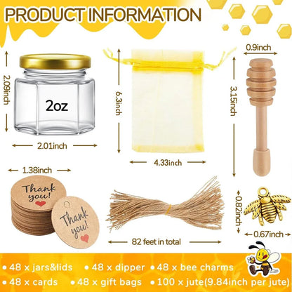 Mini Barattoli di Miele con Miscelatore, Coperchio Oro, Pendenti a Forma di Ape, Sacchetti Regalo e Corda - Ideali per Bomboniere e Feste