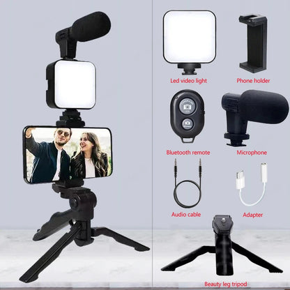 AY49 Kit per Vlogging per Smartphone + treppiede, supporto per telefono, microfono mini, luce LED fill light, ideale per TikTok, live streaming, video e YouTube