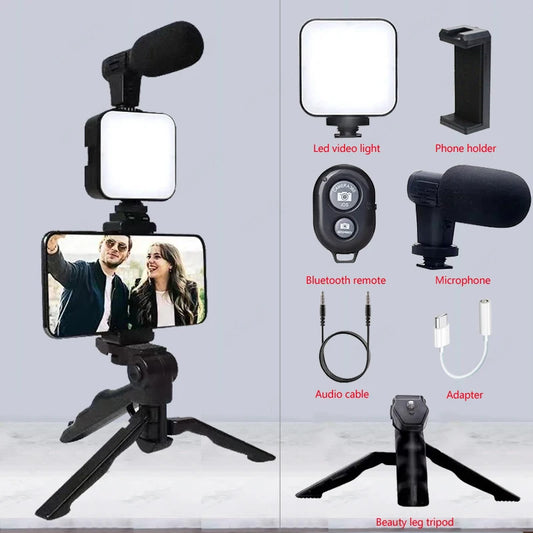 AY49 Kit per Vlogging per Smartphone + treppiede, supporto per telefono, microfono mini, luce LED fill light, ideale per TikTok, live streaming, video e YouTube