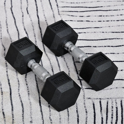 Set di manubri HOMCOM da 6 kg con barra di collegamento in metallo e testa esagonale, peso totale di 12 kg, per allenamento in casa, palestra, ufficio, nero e argento