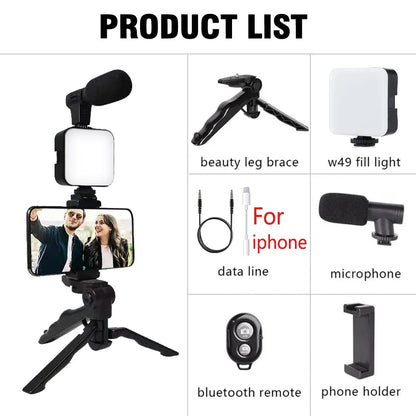 AY49 Kit per Vlogging per Smartphone + treppiede, supporto per telefono, microfono mini, luce LED fill light, ideale per TikTok, live streaming, video e YouTube