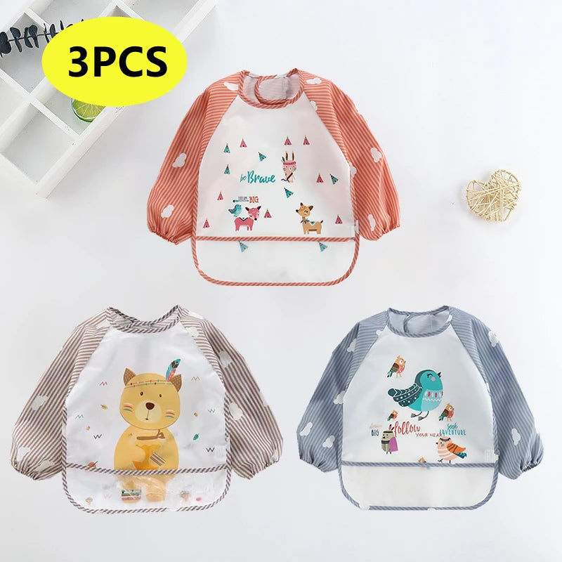 Bavaglini per Bambini 0-3 Anni - Bavaglini Impermeabili a Manica Lunga con Tasche, Design Colorato e Divertente per Pappa e Disegno