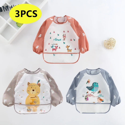 Bavaglini per Bambini 0-3 Anni - Bavaglini Impermeabili a Manica Lunga con Tasche, Design Colorato e Divertente per Pappa e Disegno
